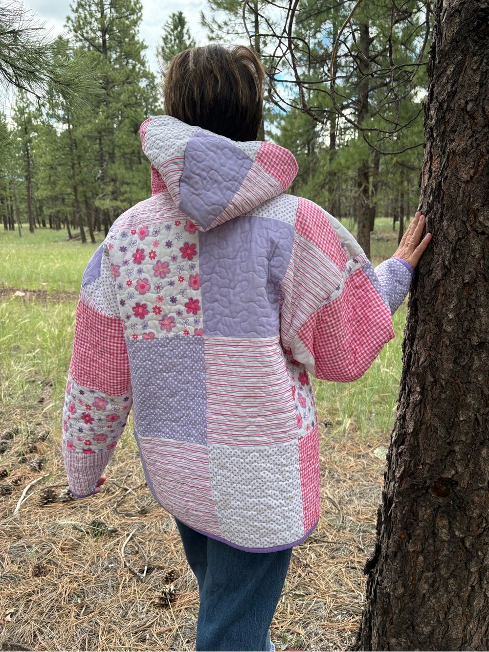 Women’s  Pink & Lavender Patchwork Hooded Pullover, Upcycled - Picture 5 of 16